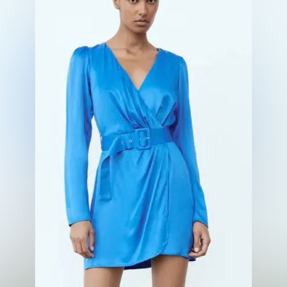 Zara Blue Satin Belted Mini Dress